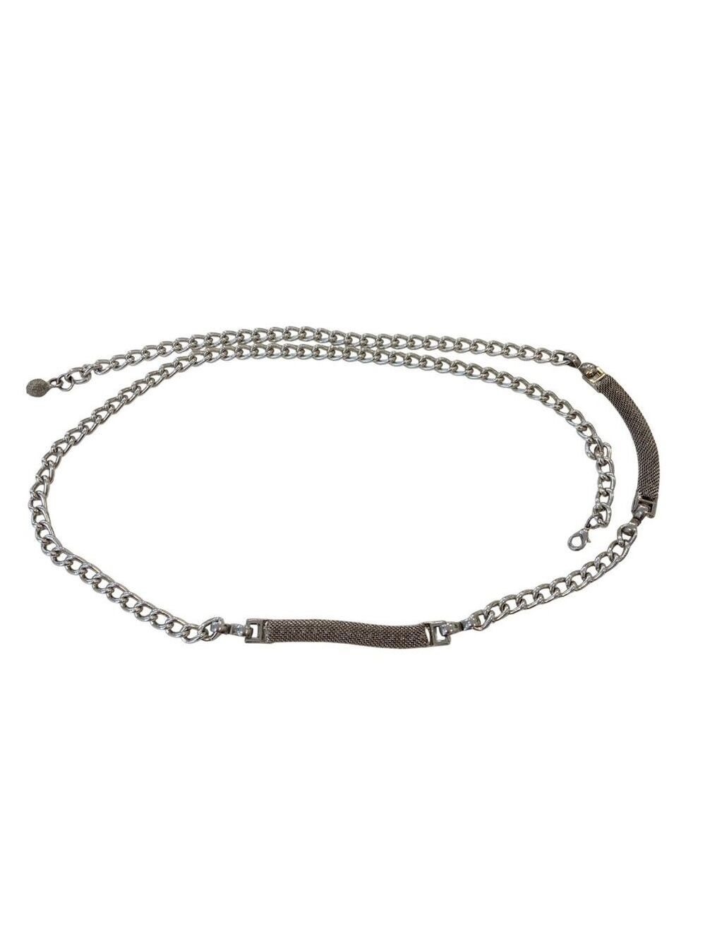 Vintage Adjustable Silver-Tone Chain Belt With Textured Rectangle Bar Accent